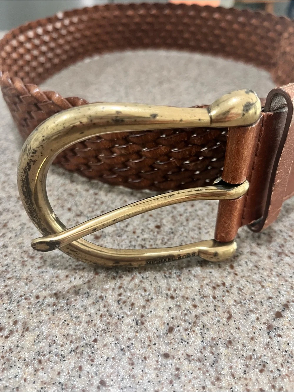 Michael Kors Wide Brown Bonded Leather Belt Brass Buckle Women’s Medium *Flaw